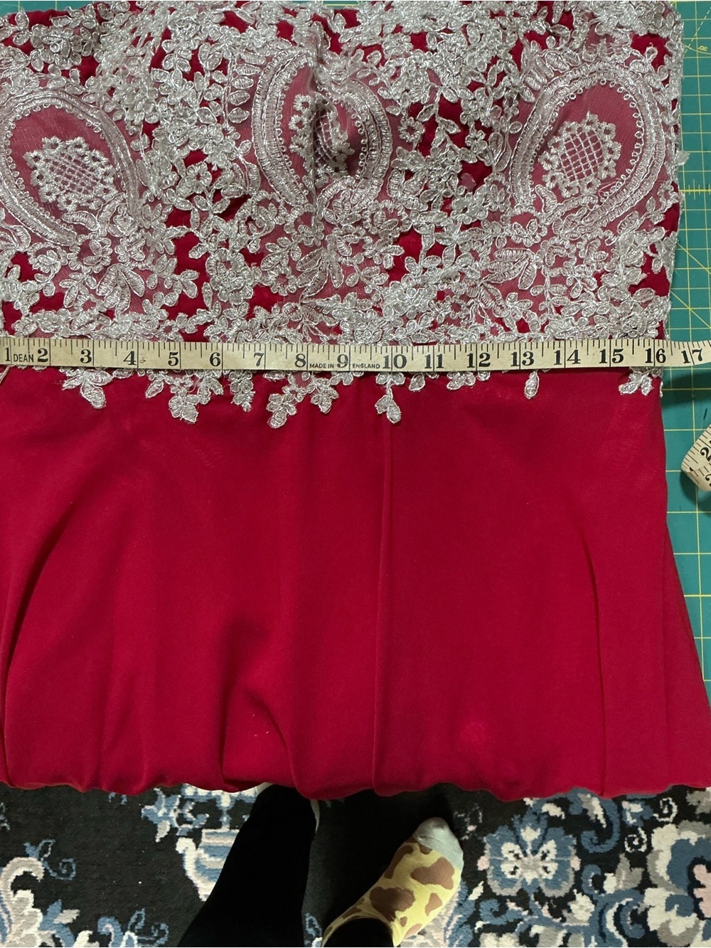 2159 - Elegant Red Evening Gown with Silver Lace Bodice - Picture 12 of 13